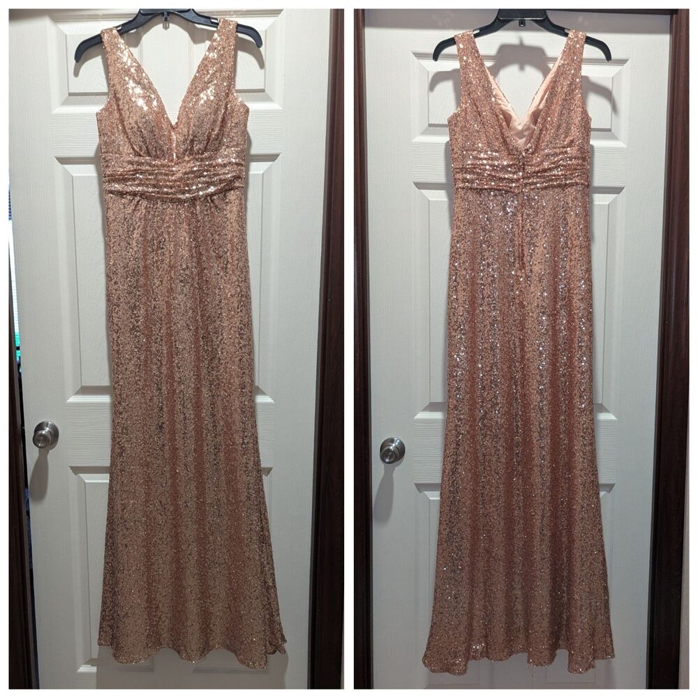 Old Hollywood Glam Rose Gold Sequin Christina Wu Gown Size 8 Coquette Luxe